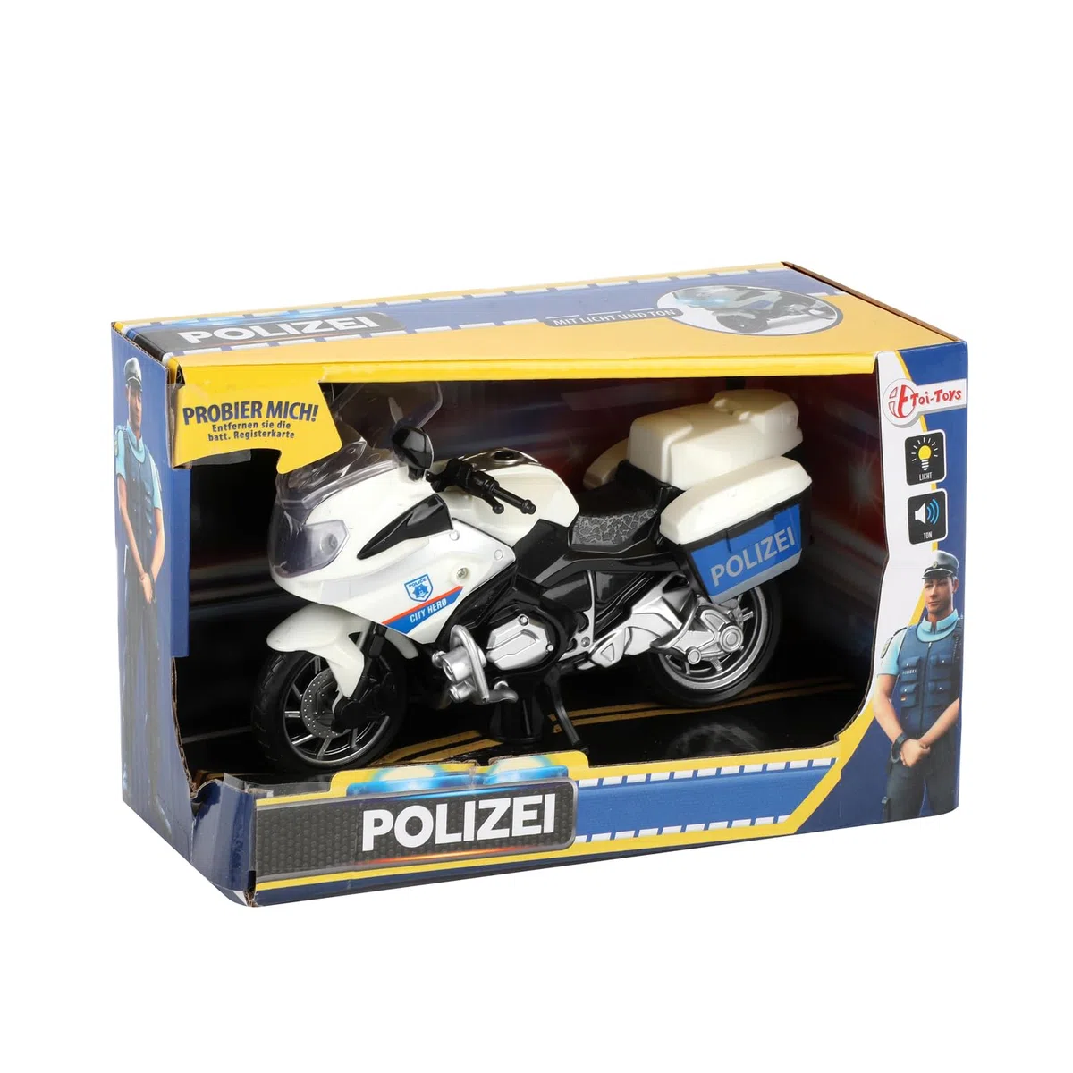 Toi-Toys 29654B - Ruota della polizia 1:20 con luce e suono, per moto della polizia, colore: Bianco