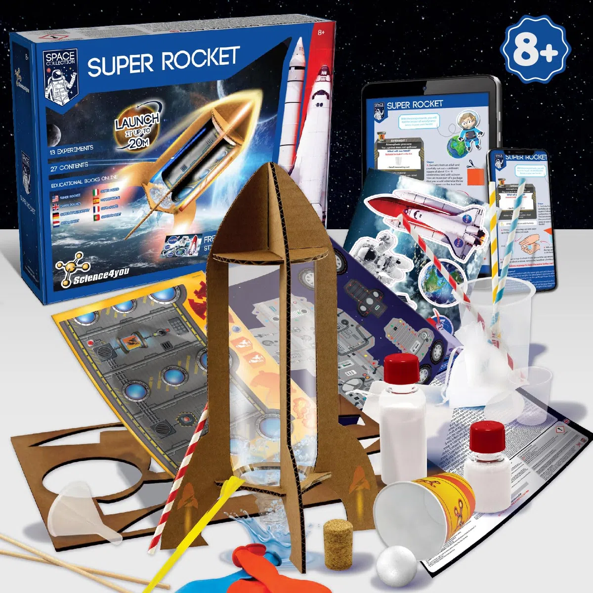 Science4you Super Lanciarazzi NASA - Gioco Spaziale con 13 Sperimenti per Bambini, Crea i tuoi Rocket Launcher, 20 Metri di Altezza, Giochi STEM + Adesivi NASA, Regalo per Bambino e Bambina 8+ anni
