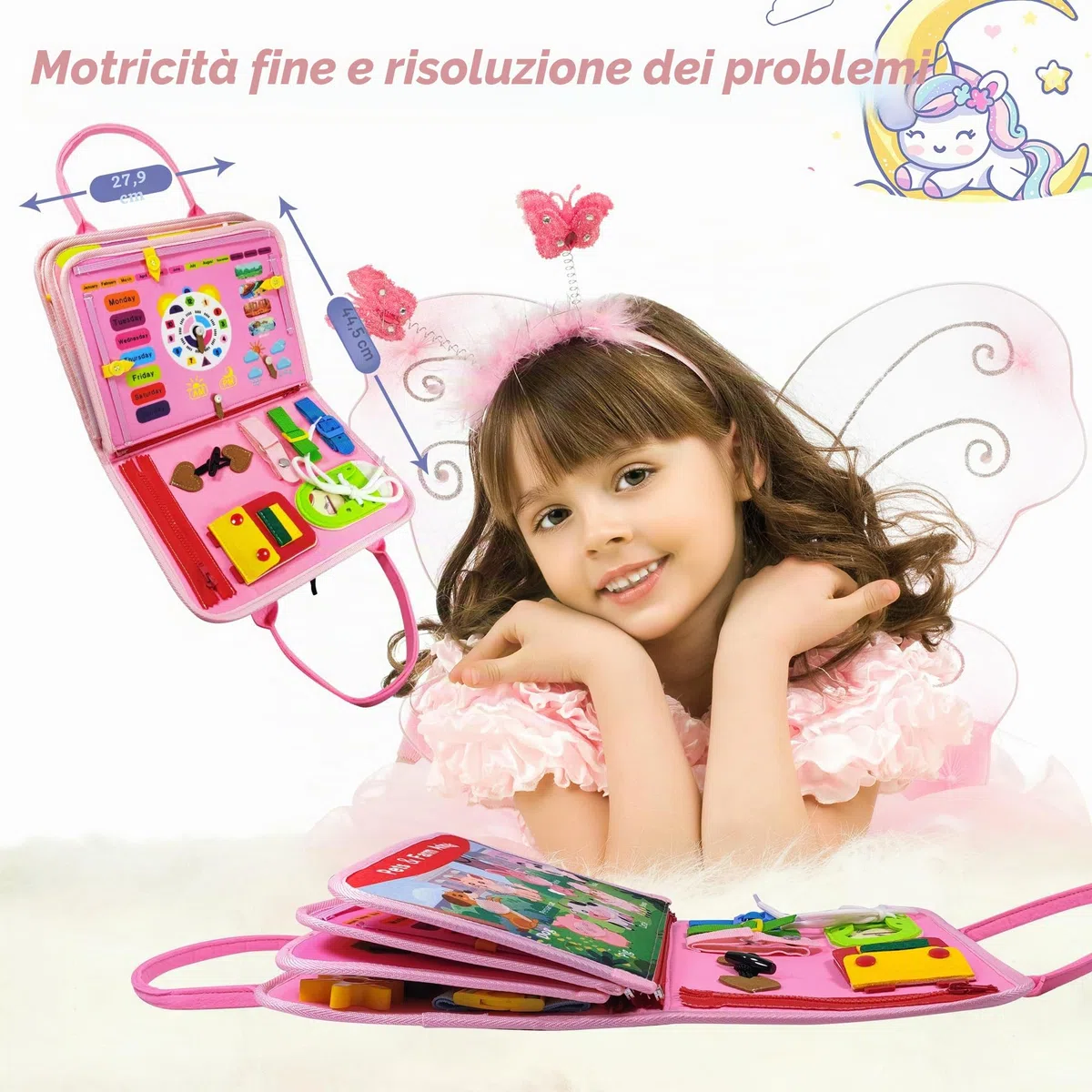 TenFans Busy Board - Giocattolo Montessori da 1 a 4 Anni, Giocattoli sensoriali, Regali per Ragazze per Imparare Le abilità motorie, attività educative, Giocattolo da Viaggio per Auto e Aereo