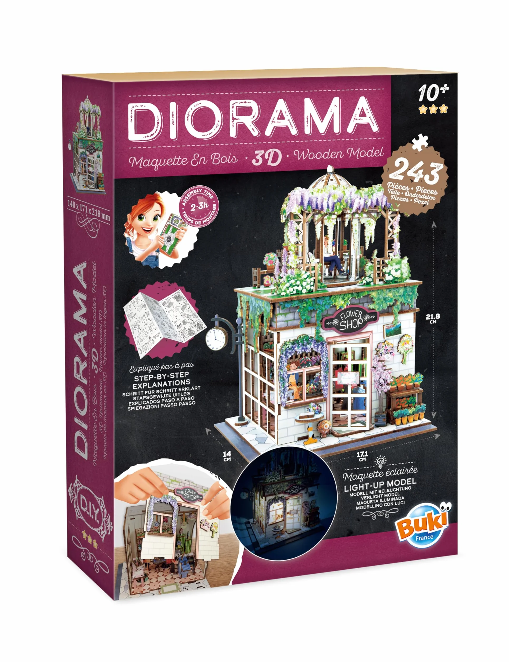 Diorama Fiorista - Modellino fioraio in miniatura in legno con LED - Diorama DIY 243 pezzi - Kit costruzione negozio di fiori - dai 10 anni - 14 x 17,1 x 21,8 cm - 68075 - BUKI France