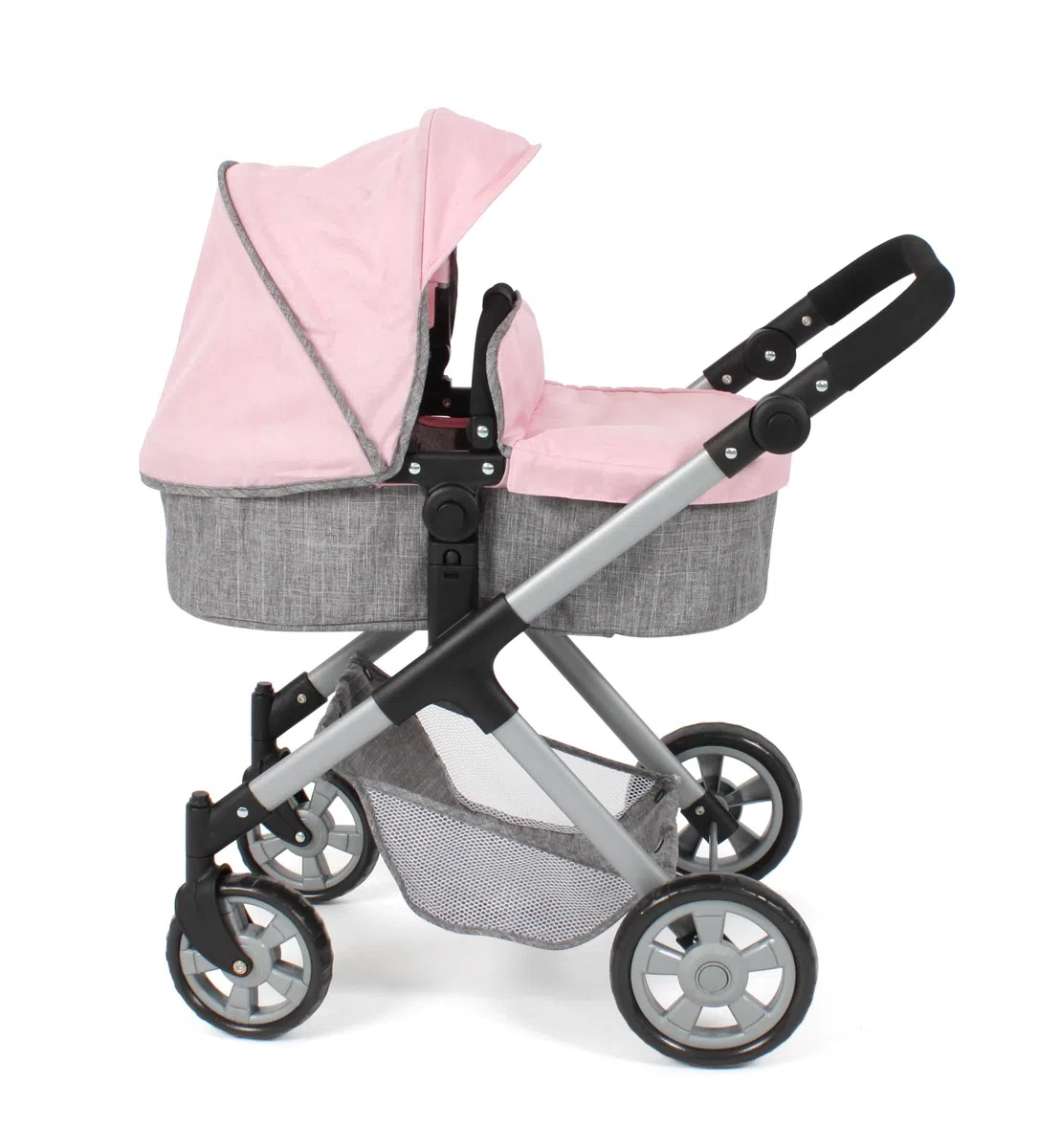 Bayer Chic 2000 Carrozzina 2 in 1 Mila – Melange grigio-rosa – Manico regolabile in altezza 39-72 cm – Telaio moderno – Bambole fino a 50 cm – 3-7 J