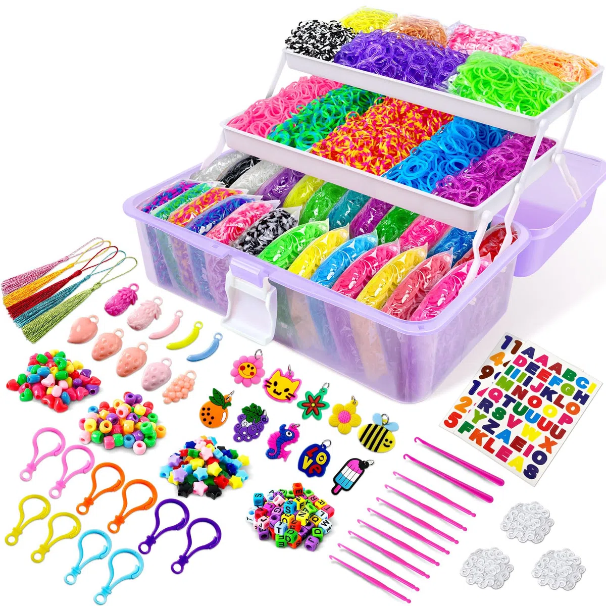 ROSHUKG 14500 Kit di Braccialetti di Gomma, Braccialetti di Gomma Colorata che Fanno Kit con 3 Strati Contenitore per Ragazze Ragazzi(Viola)