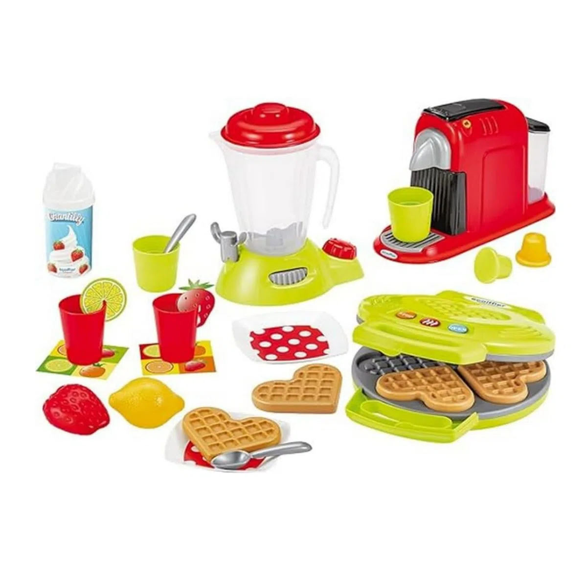 Ecoiffier - EC 100% Chef Set Piccoli elettrodomestici, 7600002524, +18 Mesi, Macchina del caffè + frullatore+ Piastra per Waffle, con Tanti Accessori, Made in France