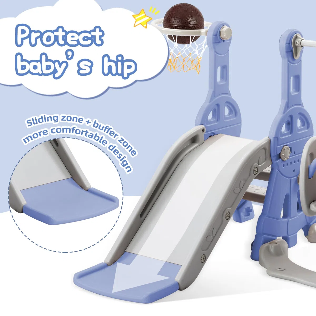 Scivolo per bambini 4 in 1, divertente scivolo con altalena, scala da arrampicata e cestino da basket, area giochi per bambini da 1 a 6 anni (blu, 140x118x102 cm)