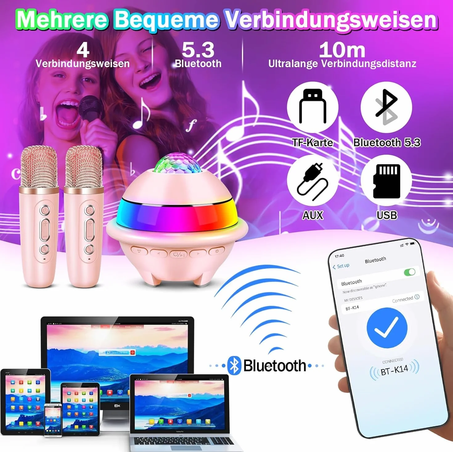 JONRRYIN Karaoke per Bambini con Luci Discoteca, Bluetooth Karaoke con 2 Microfono Wireless, 5 Luce LED e Cambia Voce, Regalo Compleanno per Ragazzi e Ragazze 3-15 Anni (Rosa)