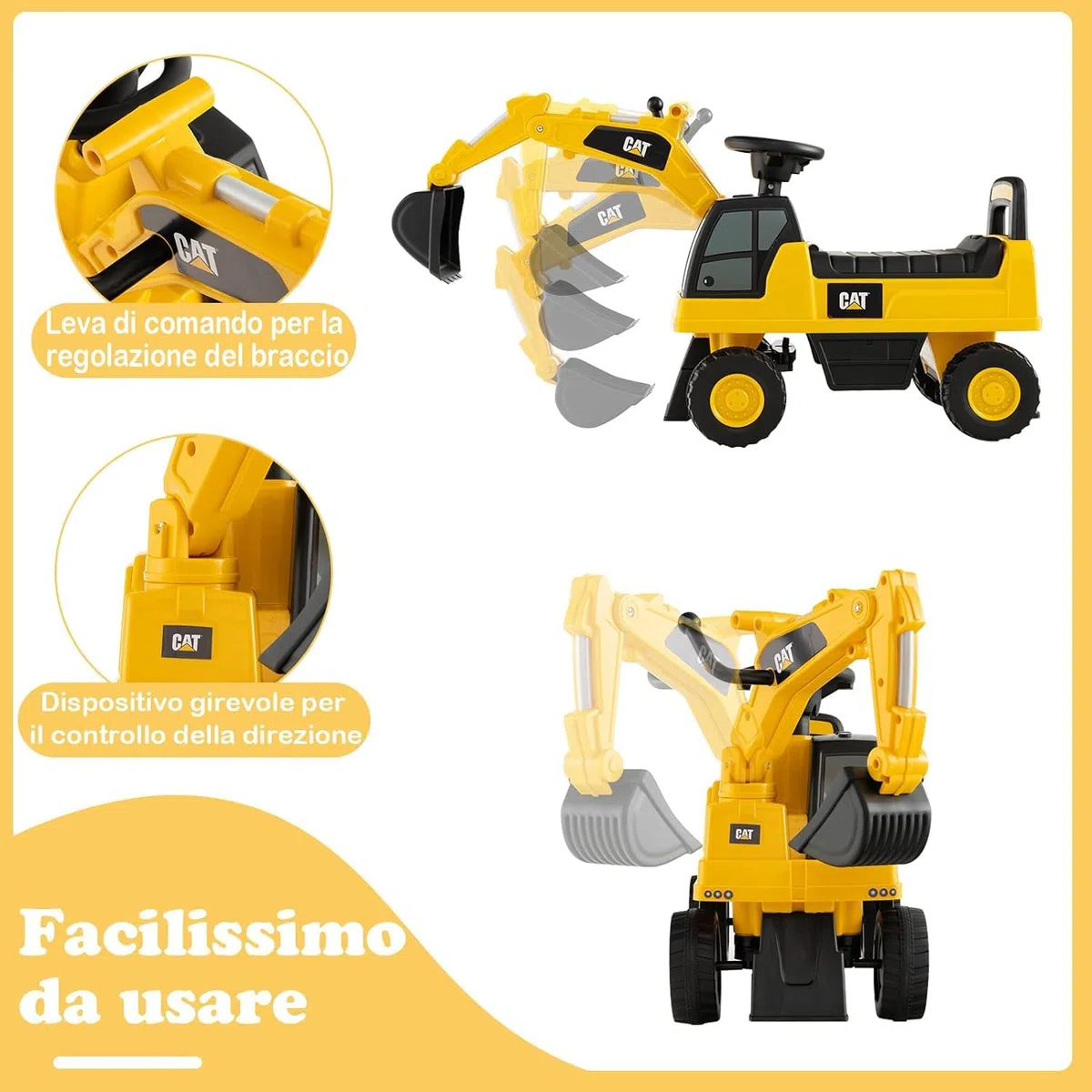 Primi Passi Escavatore Cavalcabile con Braccio Girevole per Bambini 1 3 Anni Schienale Ergonomico Clacson Pala Mobile Vano Portaoggetti e Dispositivo Antiribaltamento Gioco Sicuro e Divertente