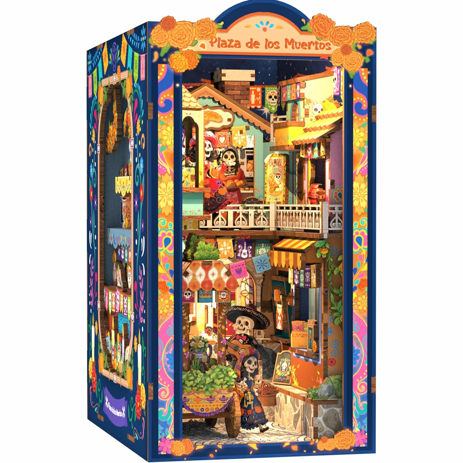 Fsolis Kit Angolo Libro - Miniatura Dia de los Muertos Casetta di Strada, Kit di Puzzle 3D in Legno per Adulti, Decorazione per Libreria, Regalo Unico