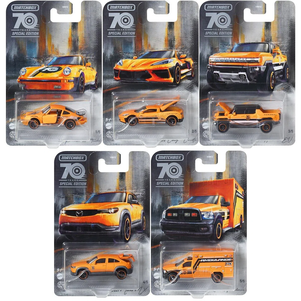 Matchbox 2023 70th Anniversary Special Edition Moving Parts Set completo con 5 veicoli pressofusi di HMV12-956A Release