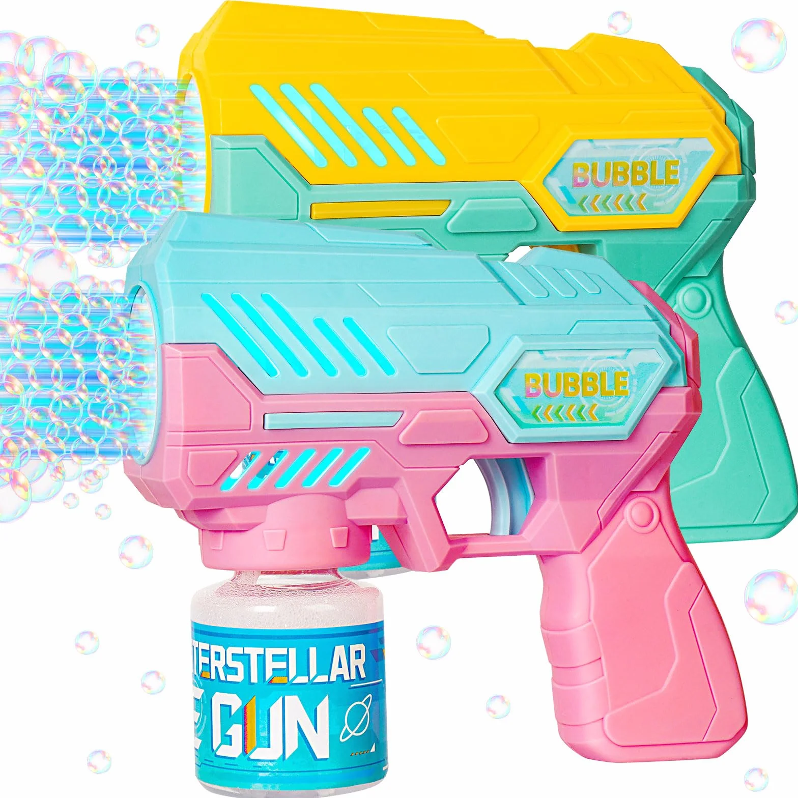 Pistola Bolle di Sapone, Sparabolle di Sapone - Set da 2 Pezzi - 20 Confezioni di Liquido per Bolle, Design a Colori con Giunzioni, con Luce LED, Completamente Automatico