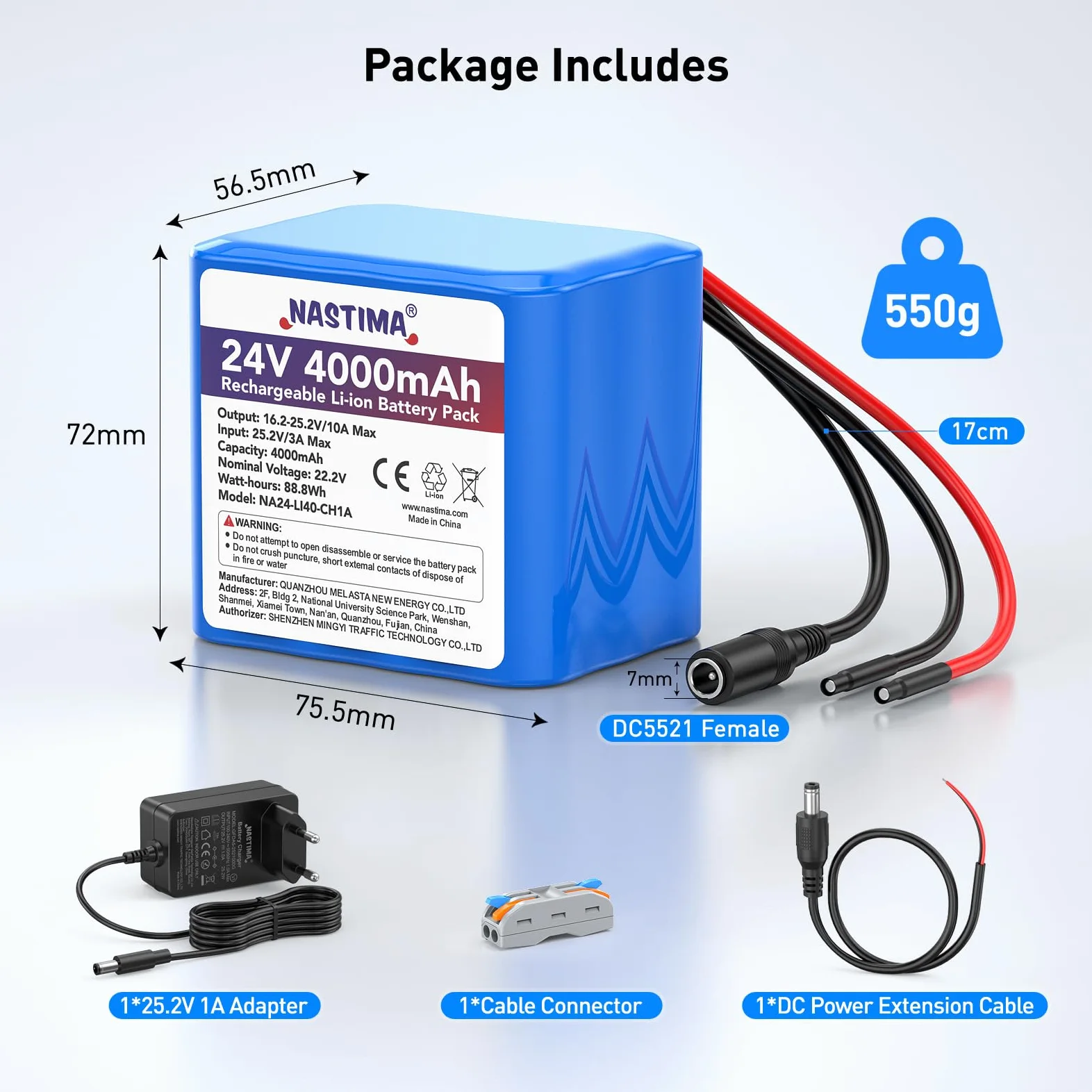 NASTIMA 4000mAh 88,8Wh 24V Batteria Ricaricabile Agli Ioni di Litio Adatto per Altoparlanti Bluetooth, Impianti Solari, Auto RC, Fai da Te, ecc. Include Caricabatterie e Connettore