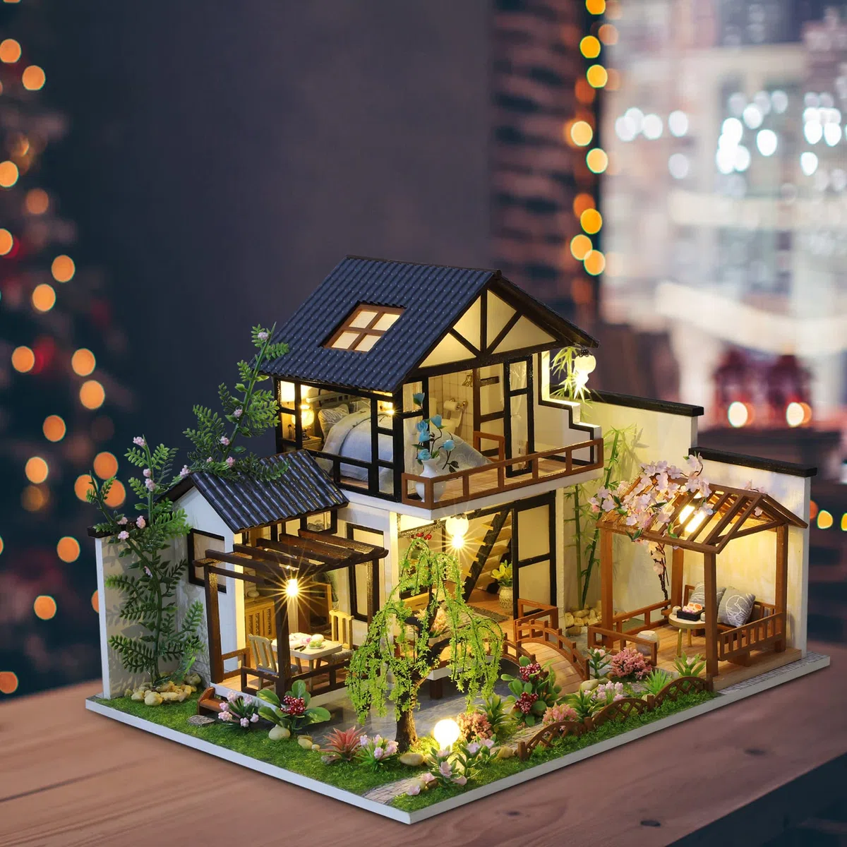 Cuteefun Kit Casa in Miniatura per Adulti da Costruire, Modello di Mini Casa Fai-da-Te con Mobili Copertura Musica e Strumenti, Idea Regali Artigianale Creativi (Villa Orientale)