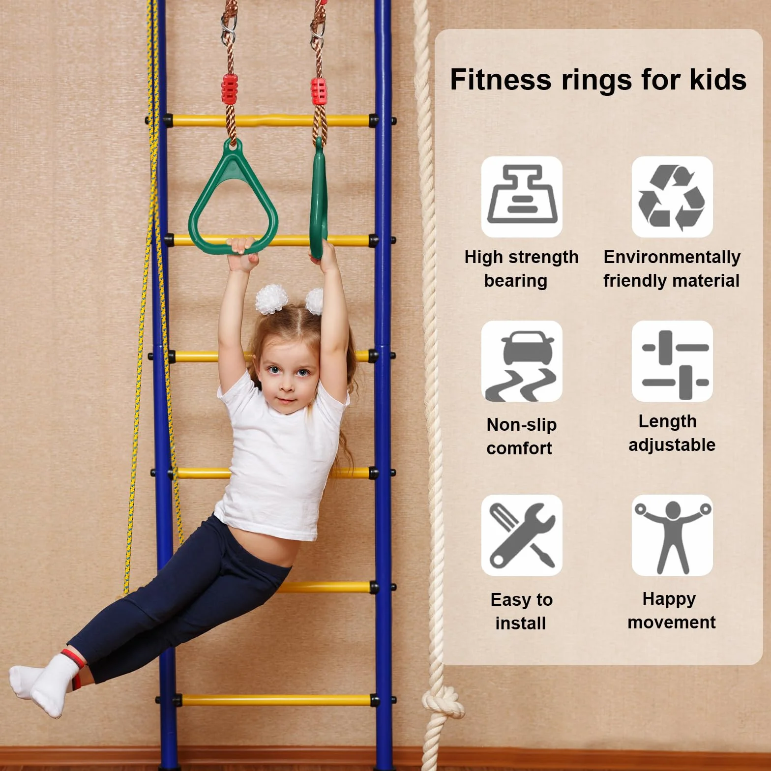 Anelli da ginnastica per bambini, per attività all'aria aperta, per bambini e adulti, lunghezza regolabile, alta sicurezza e facile da installare