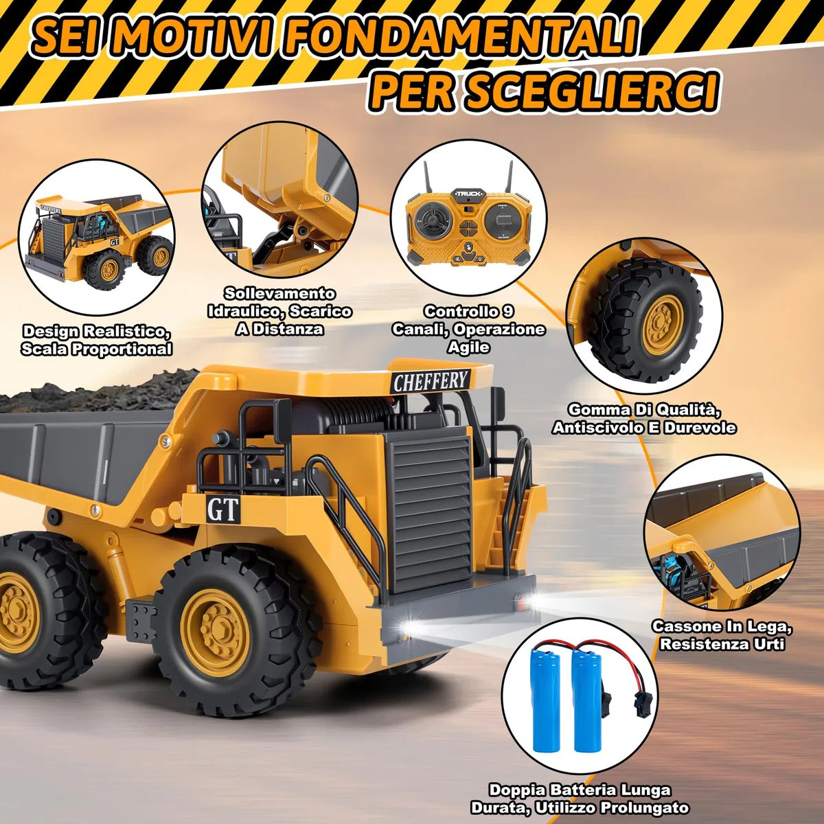 Camion Ribaltabile Telecomandato, 2.4GHz Veicolo da Costruzione RC per Bambini, 9 Canali Camion Radiocomandato con Luci e Suoni, Camion Telecomandato per Ragazzi e Ragazze dai 3 anni