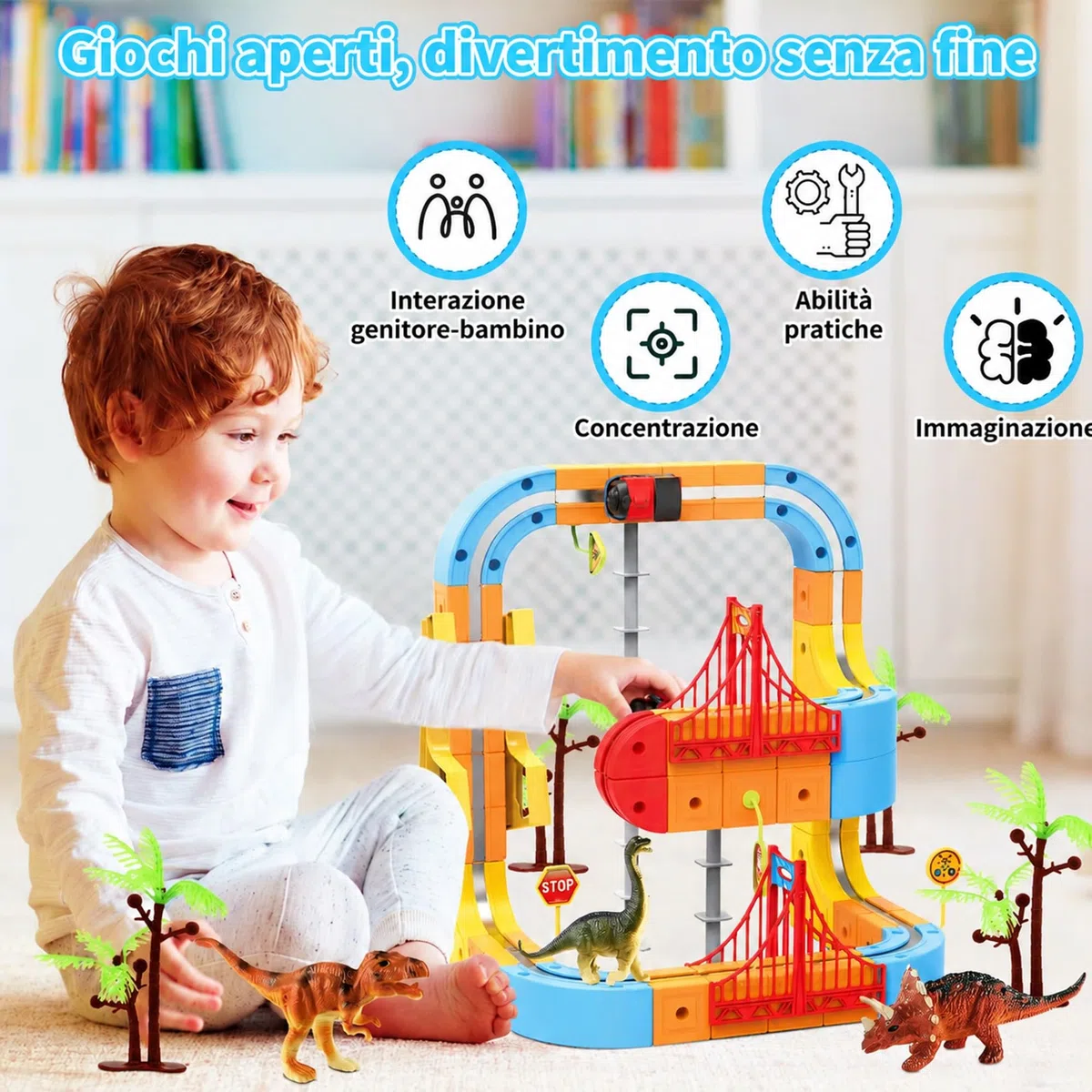Clickrail Electric Train Set flessibile Race Track, blocco con giocattolo di dinosauro/palma di cocco/adesivi, set di treno magnetico creativo con layout 3D, giocattolo regalo per bambini
