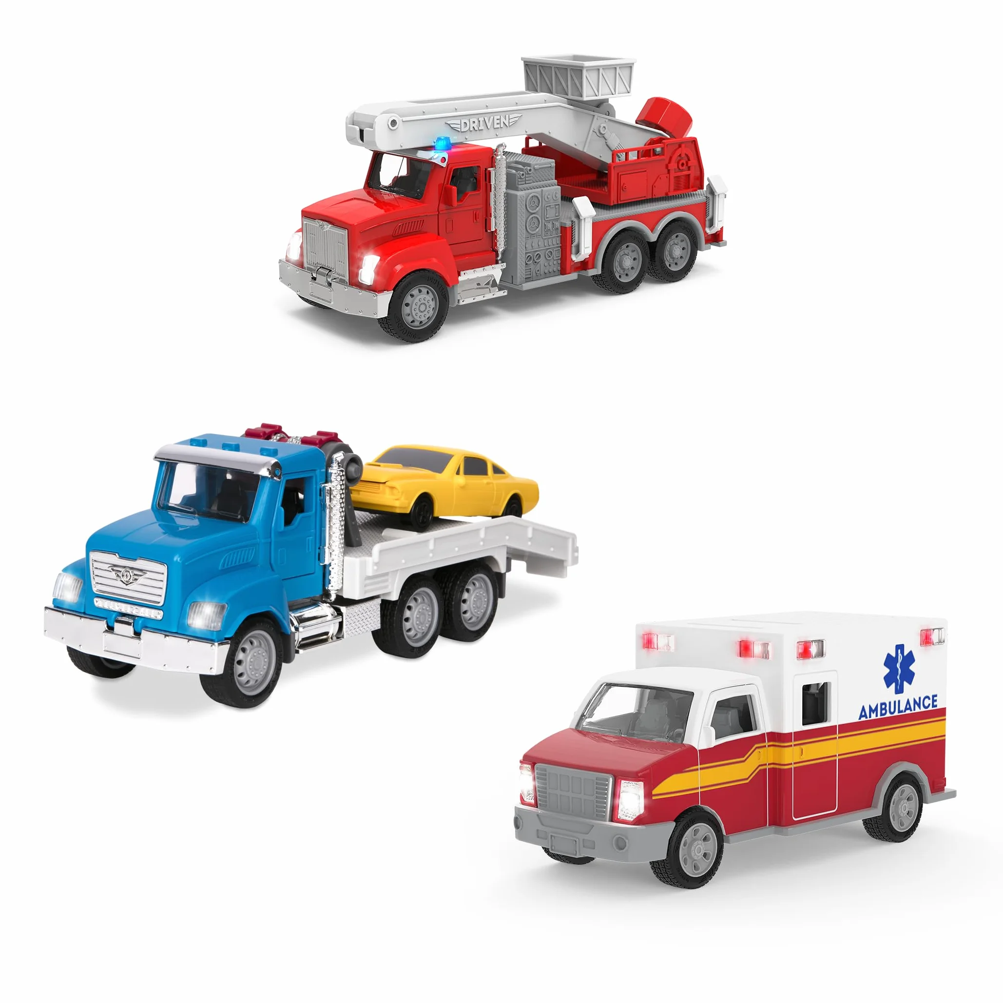Driven by Battat - Micro flotta di emergenza - Set di veicoli di emergenza per bambini - Camion dei pompieri giocattolo con gru - Camioncino giocattolo per bambini - 3 anni +