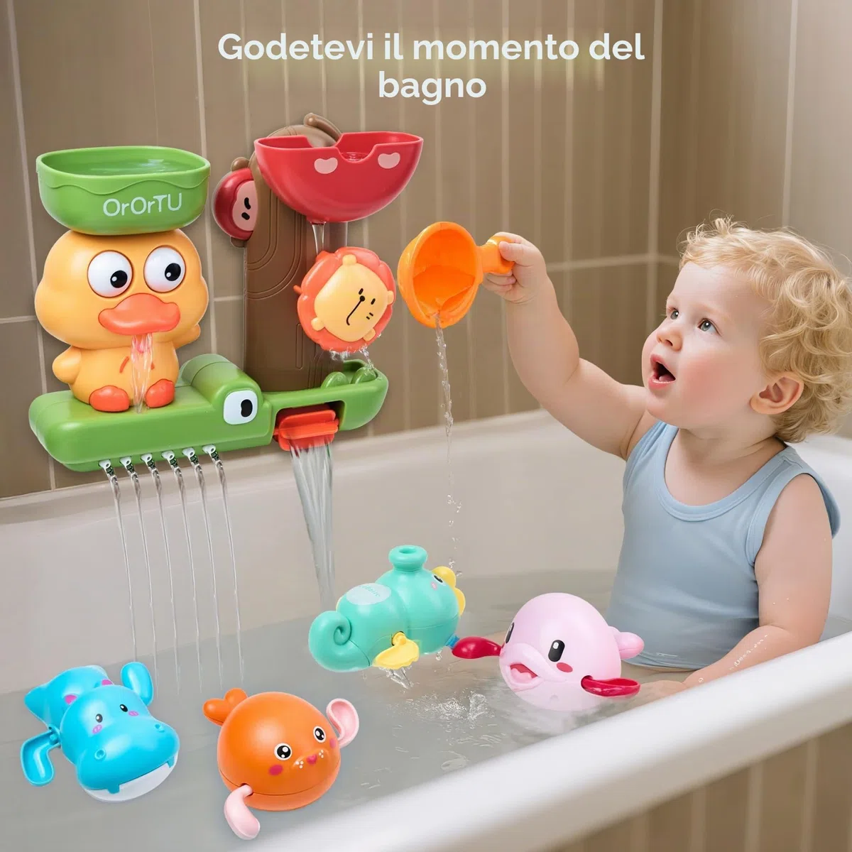 OR OR TU Giocattoli da Bagno per Bambini, Mulino ad acqua rotante con Ventose, Giocattoli da Bagno a vento per doccia per Bambini