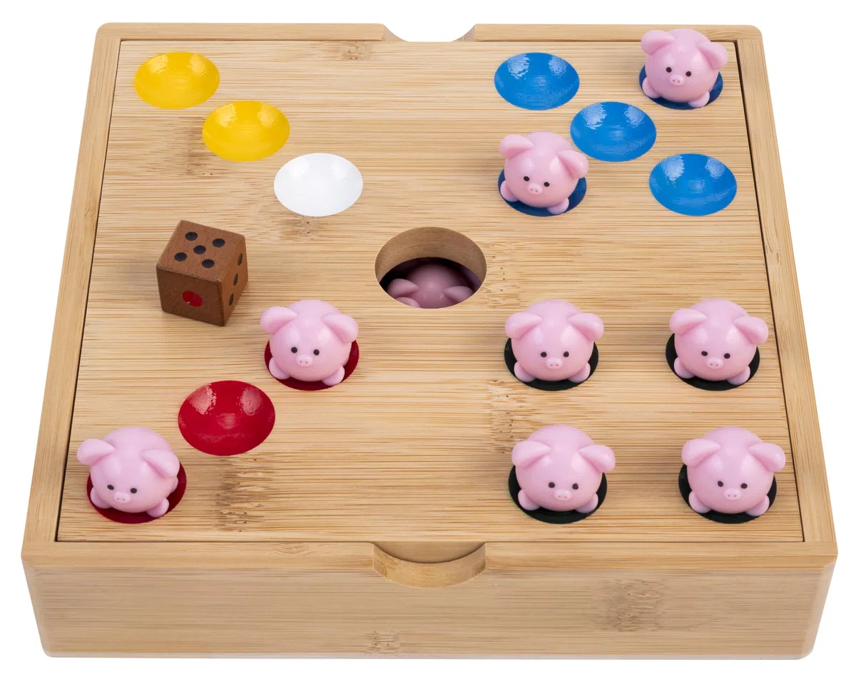 Engelhart-350444 – Gioco del Maialino – Gioco da Tavolo Familiare – Scatola in Legno di Bambù – 60 Maialini in Silicone + 2 Dadi + Regole – Divertente per Bambini e Adulti