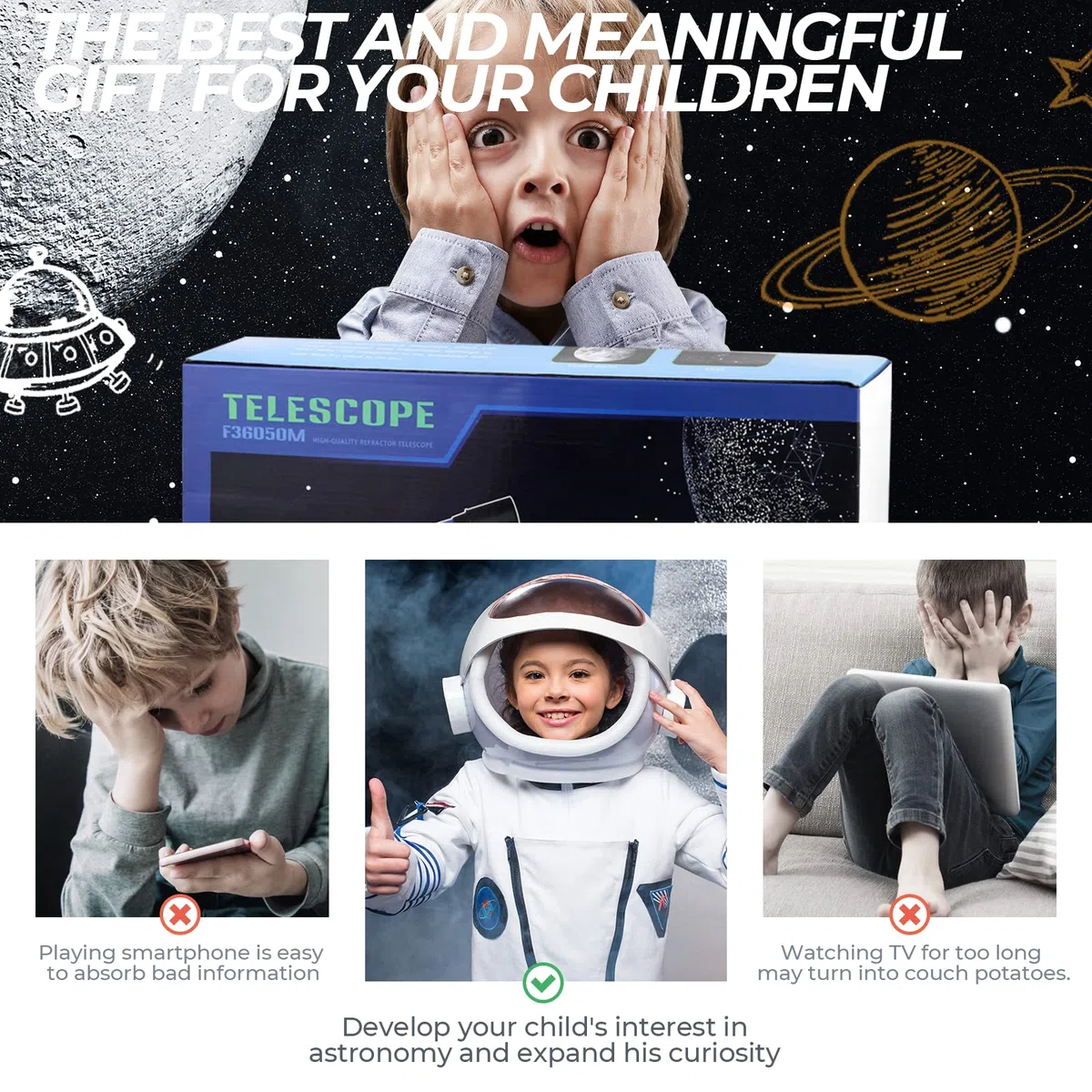 Telescopio 50/360 mm con 2 oculari e treppiede leggero per bambini possono osservare la luna e il cielo notturno, per i giovani aspiranti astronomi