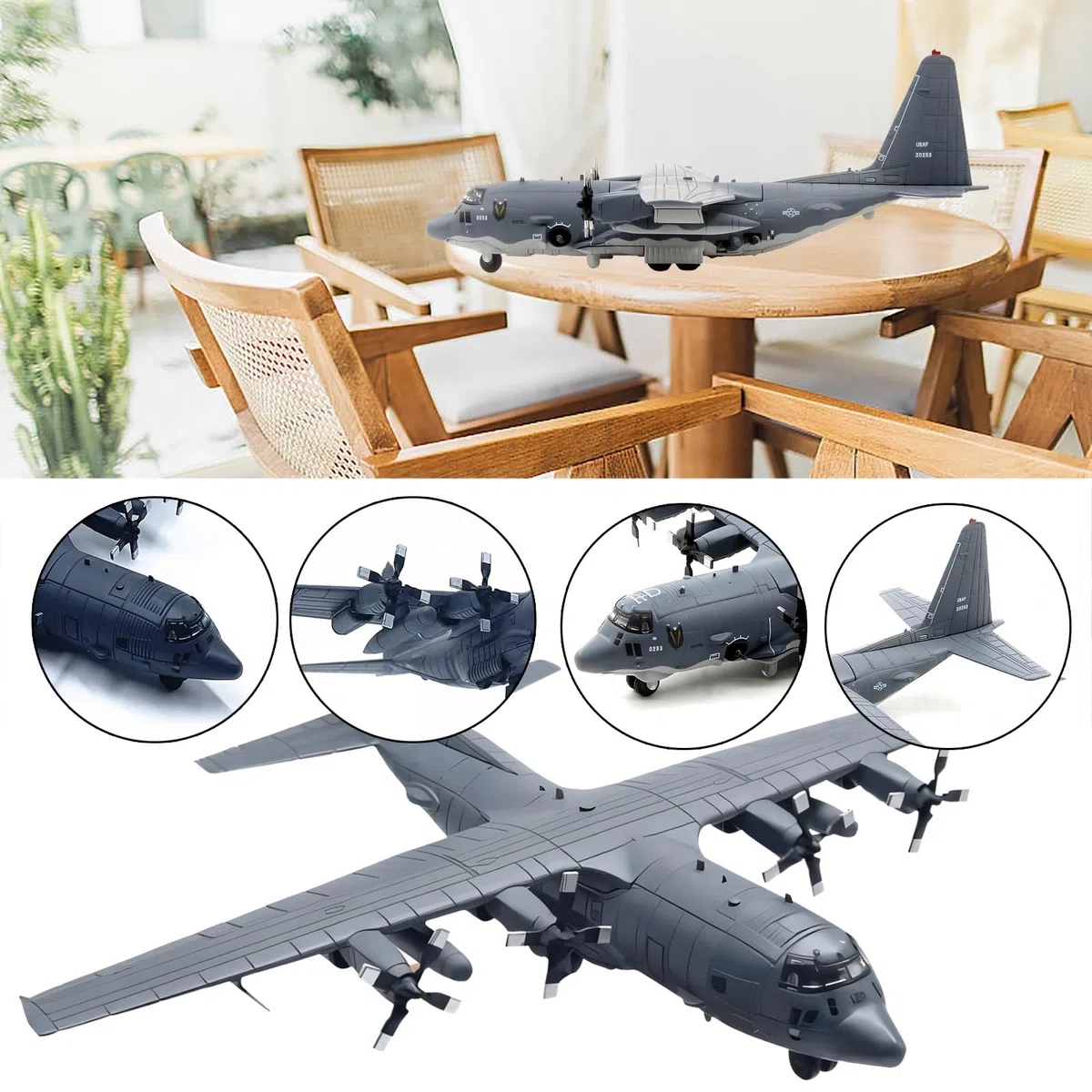Modello aereo combattimento militare AC130 in scala 1:200, pressofuso, con eliche rotanti metallo, espositore for aereo, regalo collezione for adulti, decorazione for ufficio