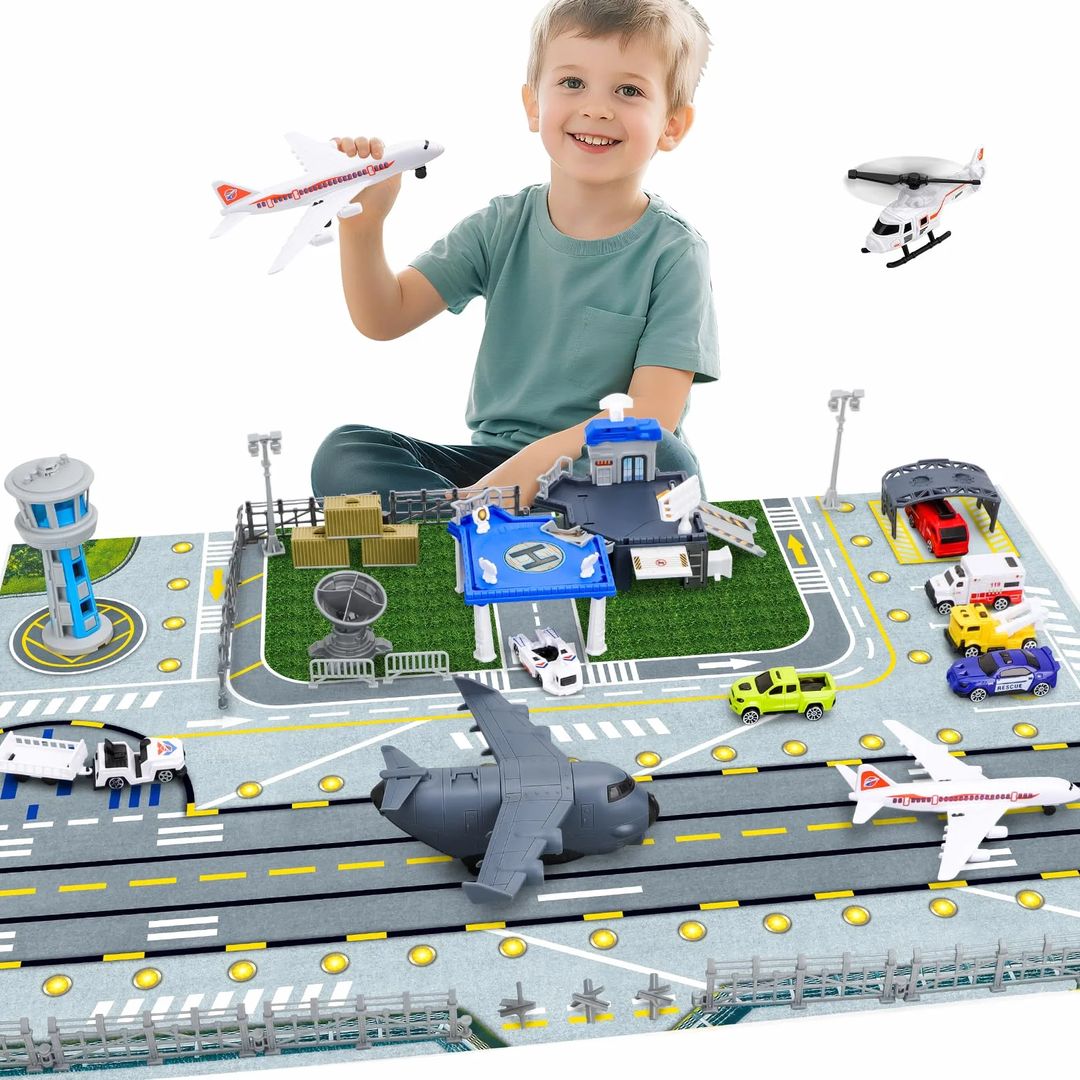 deAO City Aeroporto Giocattoli, Edificio del Terminal Aeroportuale, Torre Radar, 11 Mezzi di Trasporto: Carrelli Portabagagli, Veicoli della Polizia, Aereo di Linea, Posto di Blocco Stradale, 3 Anni+