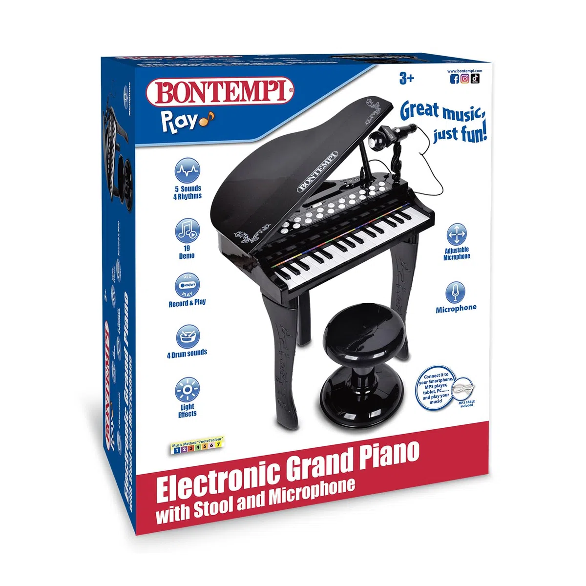 Bontempi | Pianoforte a Coda Elettronico 32 Tasti con Microfono e Sgabello, Effetti Luminosi, 5 Suoni, 4 Ritmi, 19 Brani, 53x40x32 cm