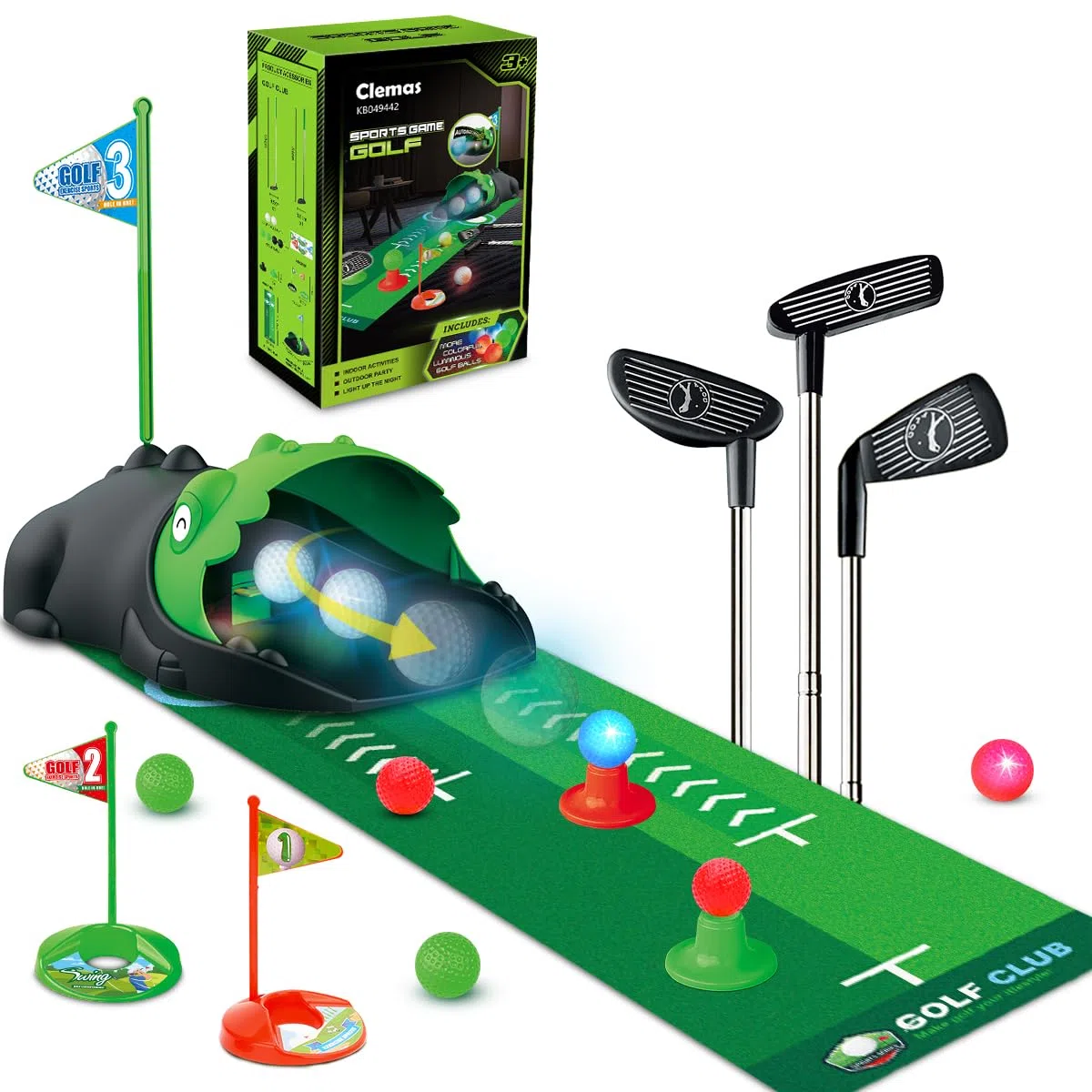 Giocattolo da Golf per Bambini Aggiornato con Raccoglitore Automatico, Palline da Golf Luminescenti a LED,Mazze, Tappetino da Putting,Mini Golf per 3-8 Anni, Giochi Sportivi per Ragazzi e Ragazze 3+