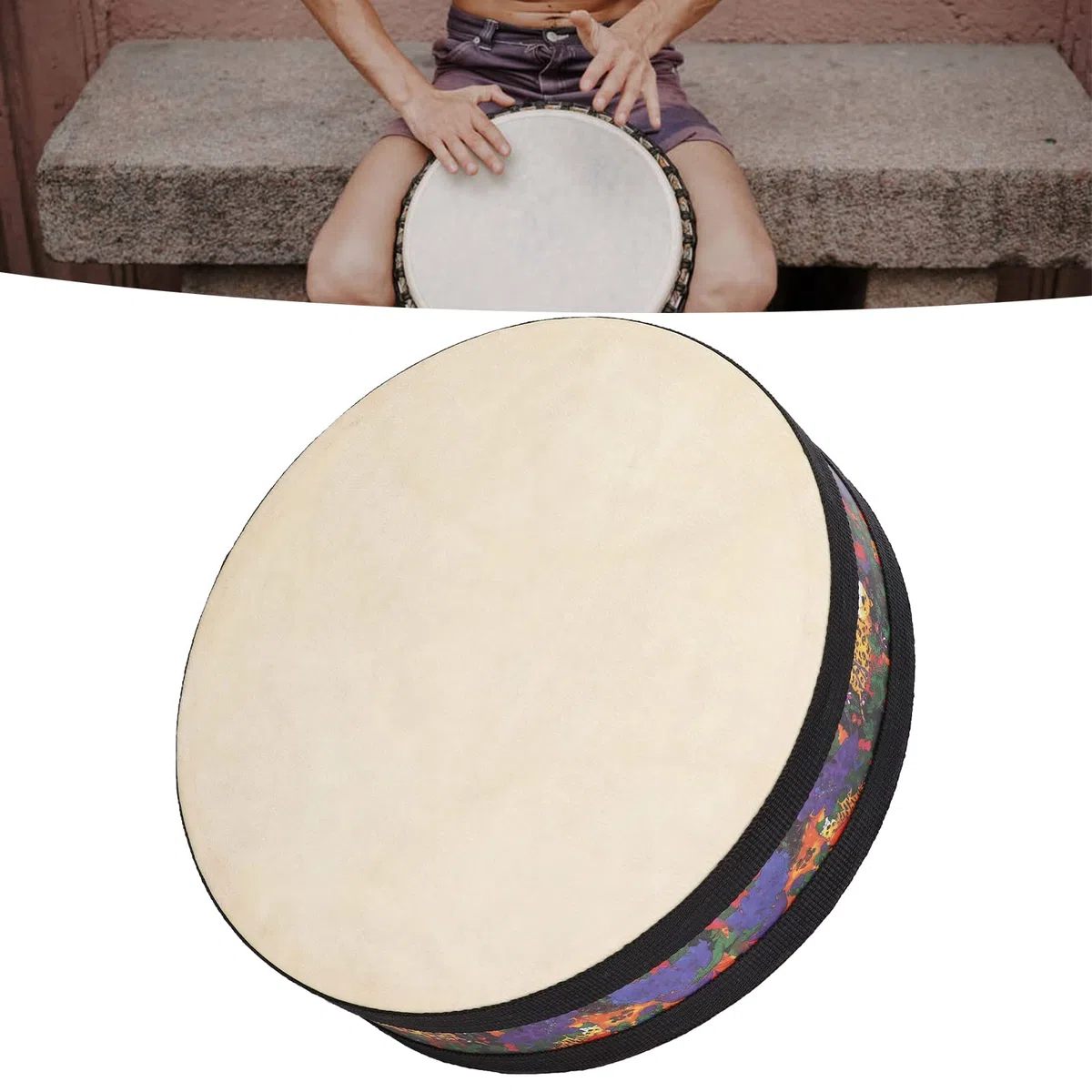 Tamburo a mano, strumento musicale Sea Sound per bambini, design unico effetto onda con sfere in acciaio, cerchio in legno e materiale in pelle di pecora, regalo perfetto per i
