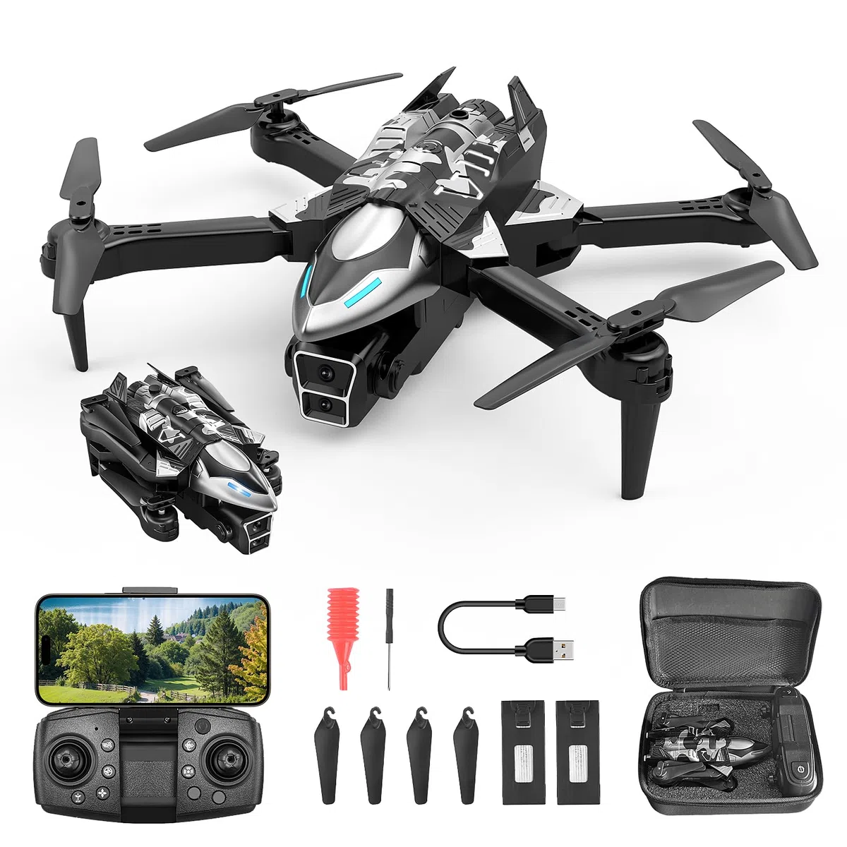 A66 Mini Drone per Bambini con Telecamera 1080P HD FPV con Mantenimento Dell'altitudine, Droni Quadricottero RC con Luci LED e 2 Batterie, Giocattolo Regalo per Ragazzi e Ragazze