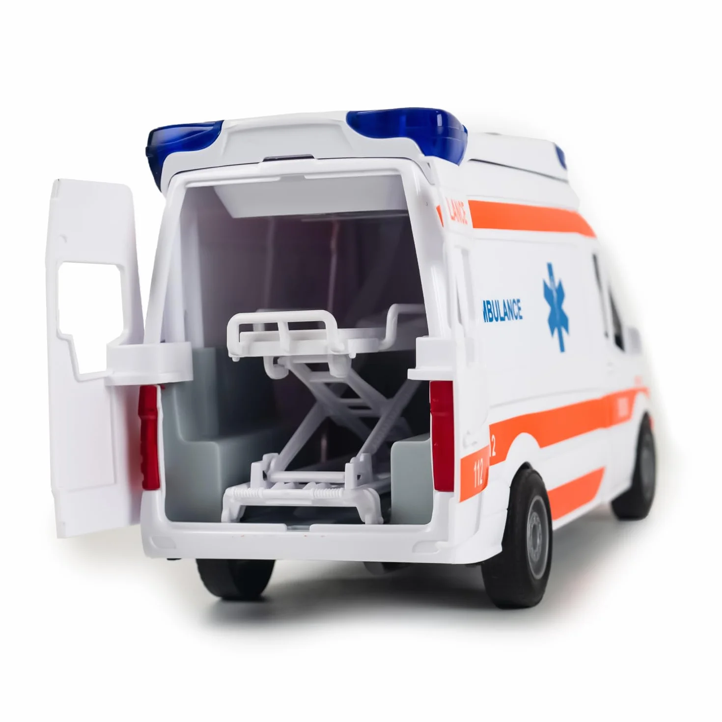 CELMAN Automobile giocattolo Medical Responder, camion di ambulanza con barella, portellone apribile, luce e suono, grande auto giocattolo per bambini dai 3 4 5 6 7 8 anni in su