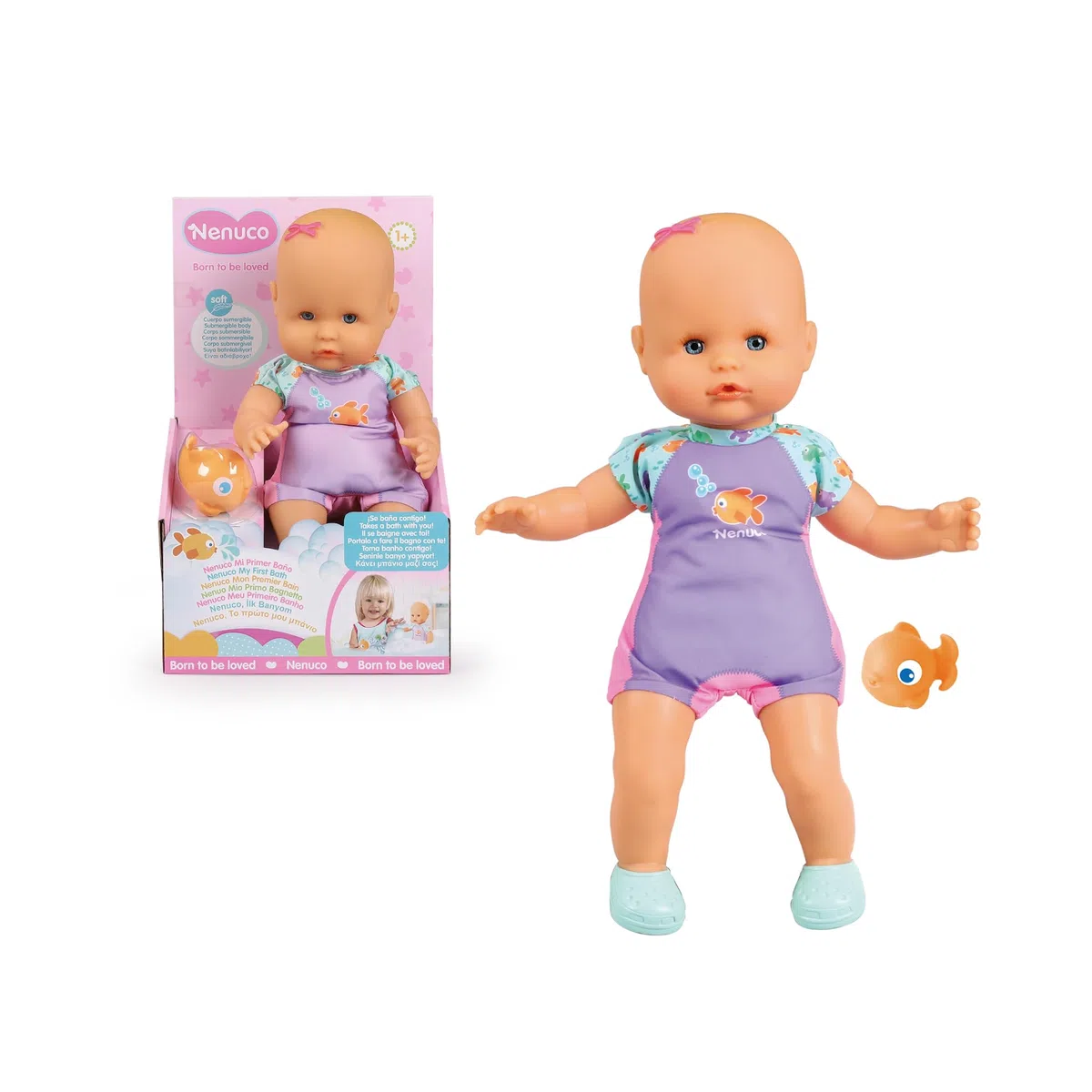 Nenuco - mio primo bagno. Bambola morbida con corpo sommergibile,costume rosa, puoi metterla nella vasca da bagno, in piscina o al mare, per bambine/I da 12 mesi, Famosa NFN88000