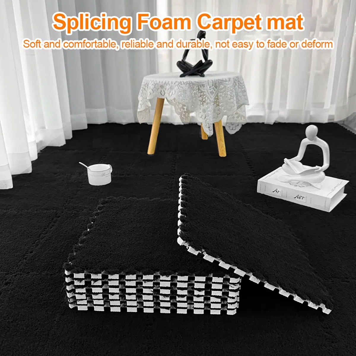 12 tappetini in schiuma di peluche a incastro, 30 x 30 cm, per piastrelle, puzzle, per soggiorno, camera da letto, colore nero